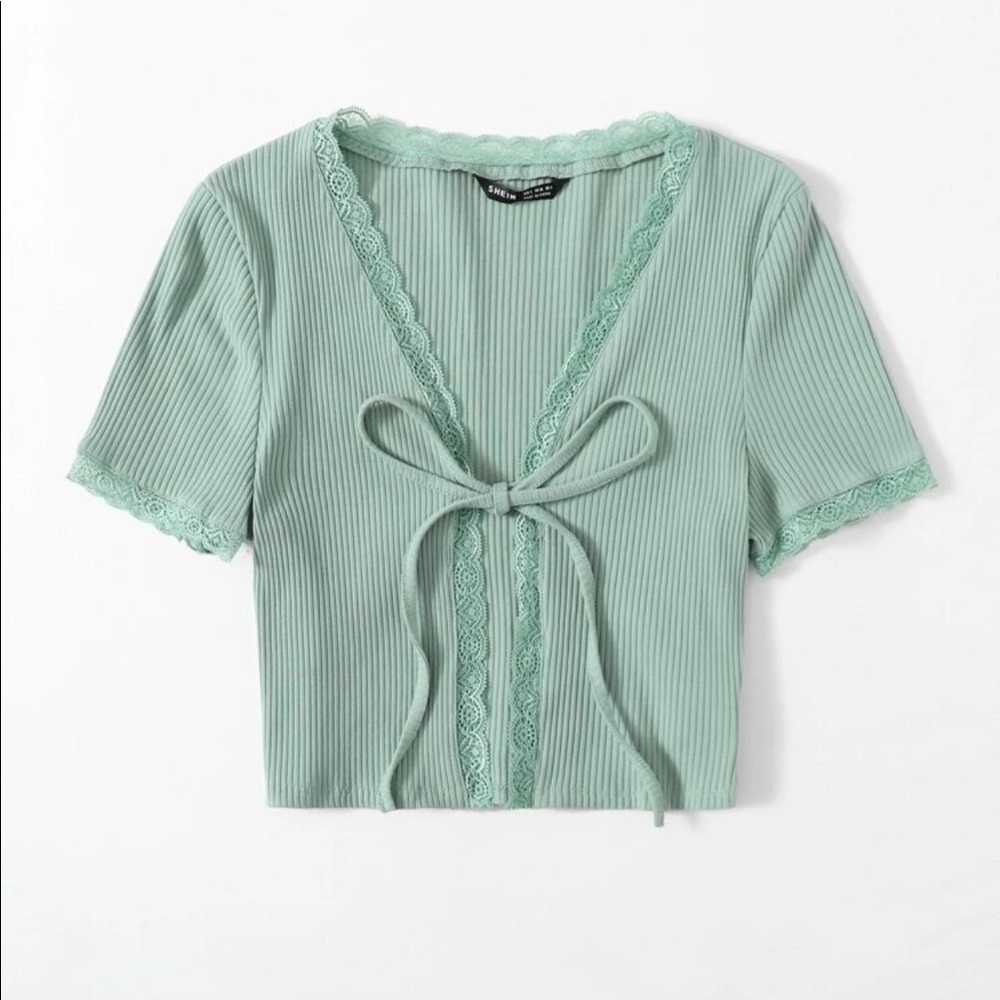 SHEIN Lace Trim Ribbed Knit Top - Picture 2 of 6